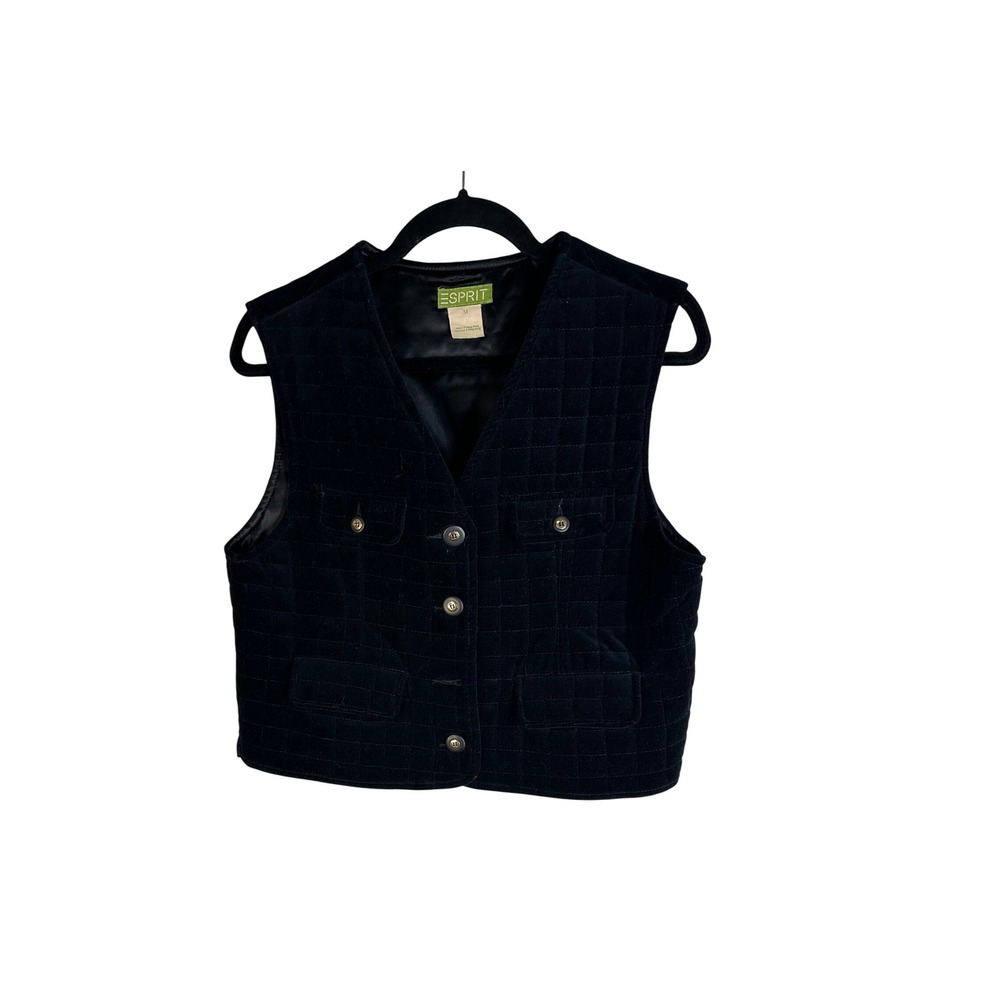 Esprit Women's Vintage Black Button Front Quilted Velvet Vest Size Medium